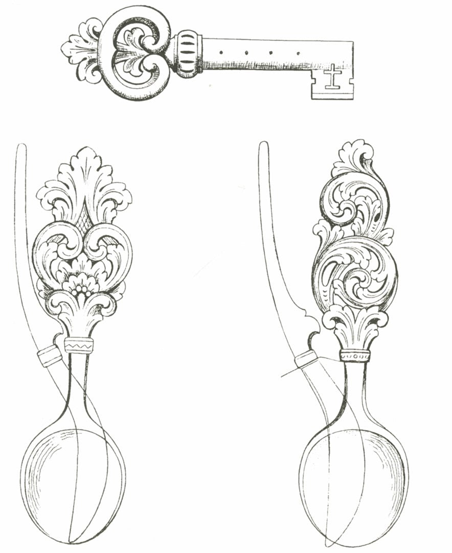 Amrud Acanthus Carving Pattern #90- Storre Skjeer og Nokk (Key, 2 Spoons)  |  Woodworking Folk Art Supplies Woodworking