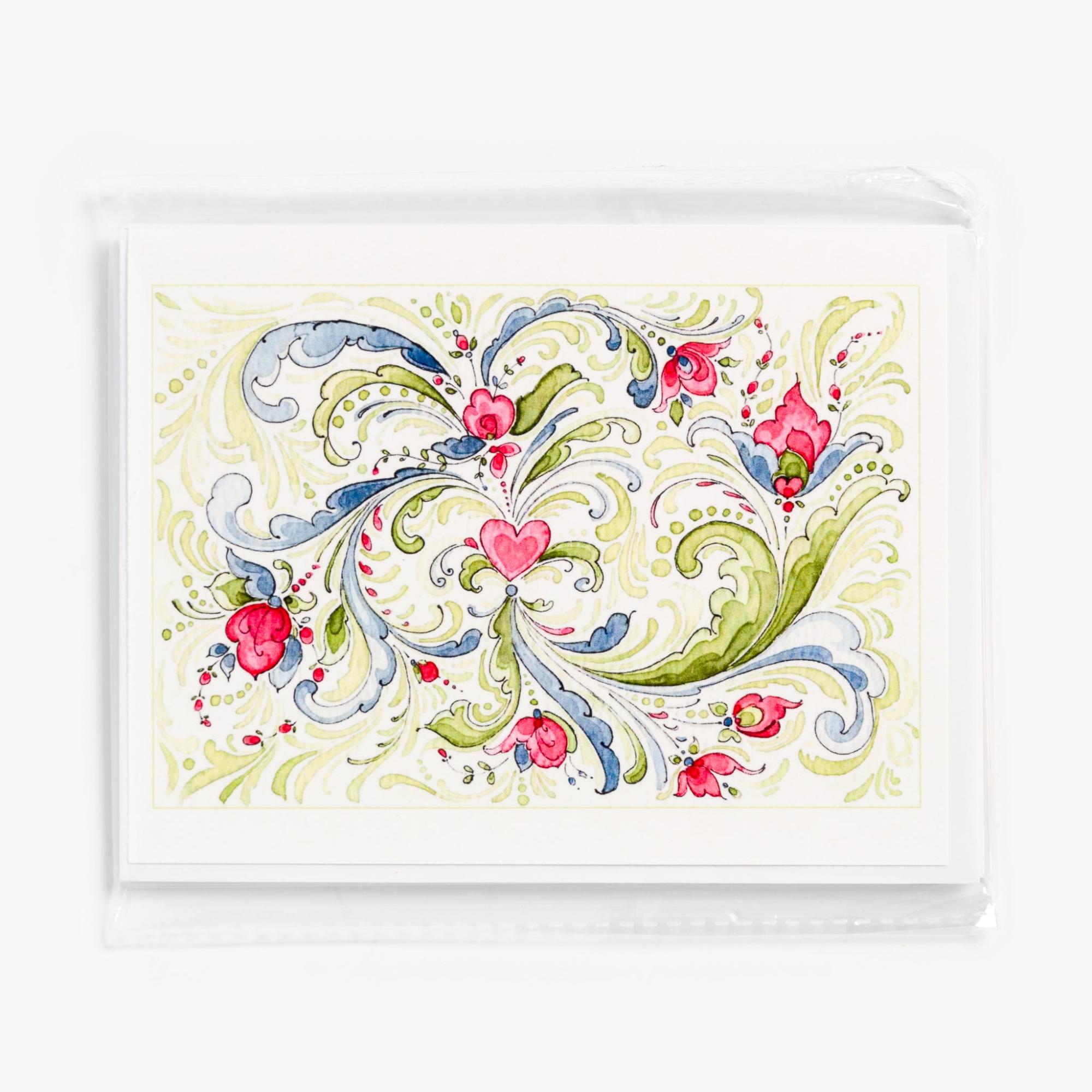 Pink Heart Notecards Set with Rosemaling by Sharon Christensen  |  Card Packets Card Packets Card Packets